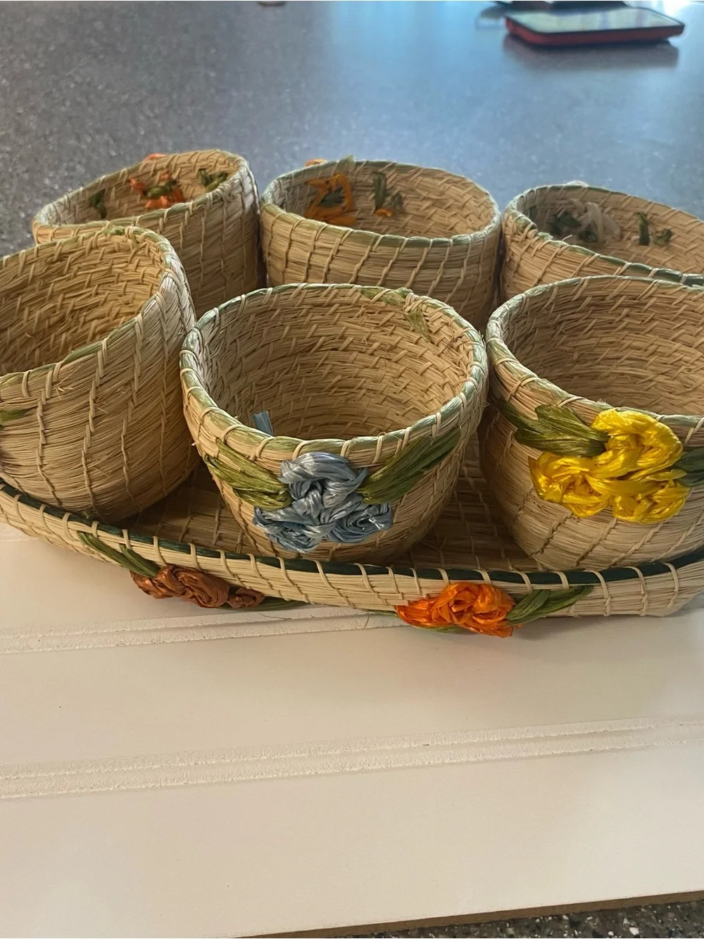 Handwoven Natural Straw Condiment Basket Set Floral Accents Jamaica Party Camp